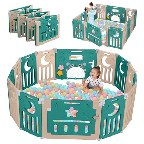 Baby Playpen, Dripex Baby Playard for Babies and Toddlers, 14-Panel Foldable Playpen Adjustable Portable Play Area, Indoor/Outdoor Kids Active Center with Game Panel & Safety Gate, Green White