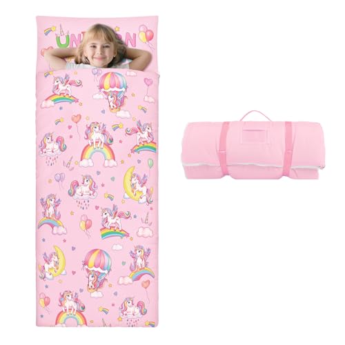 Kids Sleeping Bag Toddler Nap Mat with Removable Pillow, Large Foldable Sleeping Bag for Girls Boys, Easy Clean Slumber Bag with Double Zip for Camping School Preschool Daycare, 5924 inch