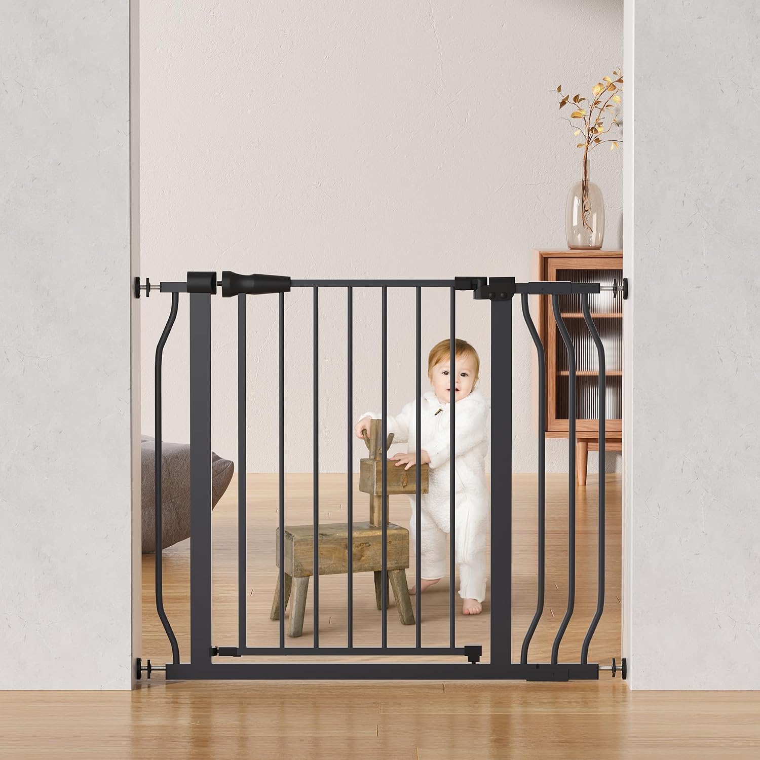 Baby Gate for Stairs Doorways, Safety Pet Gate with Auto-Close/Hold-Open Features, Fits Openings 29.1 to 33.8, 30 Tall, Easy Pressure Mounted Walk Through Baby Dog Gate, Graphite