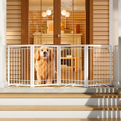 4NM Metal No Drilling Expandable Puppy Dog Gate, Wide 72", Tall 24" Small Free Standing Pet Gate, Doggie Gates for Dogs Outdoor or Indoor, with 3PCS Support - White