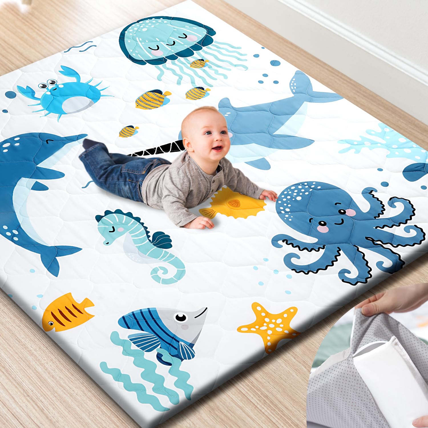 Premium Foam Baby Play Mat 50x50  Removable & Machine Washable Cover, Extra Thick Padding Playpen Mat, Non-Slip Crawling Mat, Easy to Clean for Infants, Toddlers & Babies