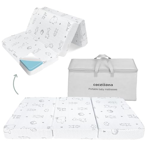 Trifold Pack and Play Mattress, 38x26 Dual-Firmness Memory Foam Pack N Play Mattresses with Travel Bag, Foldable Portable Animal Baby Mattress for Pack n Play, Removable Cover