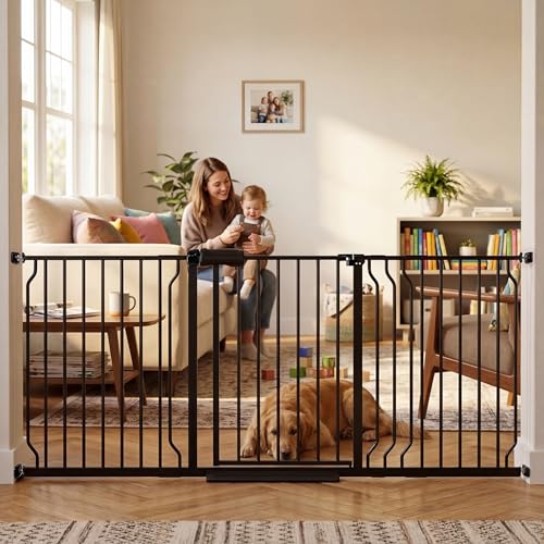 62.2"-71.65" Extra Wide Auto Closing Baby Safety Gate for Stairs & Doorways, Pressure Mounted No Drill Pet Gate with Walk-Through Door - Heavy Duty Childproof Gate for Toddlers, Kids, Dogs (Black)
