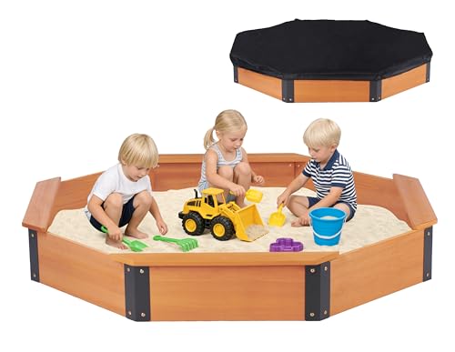 64''x56''x8.5'' Octagon Sandbox with Cover for Kids Outdoor Play, Wood Large Sandpit with 4 Benches, Quick Easy Install, US. Patented