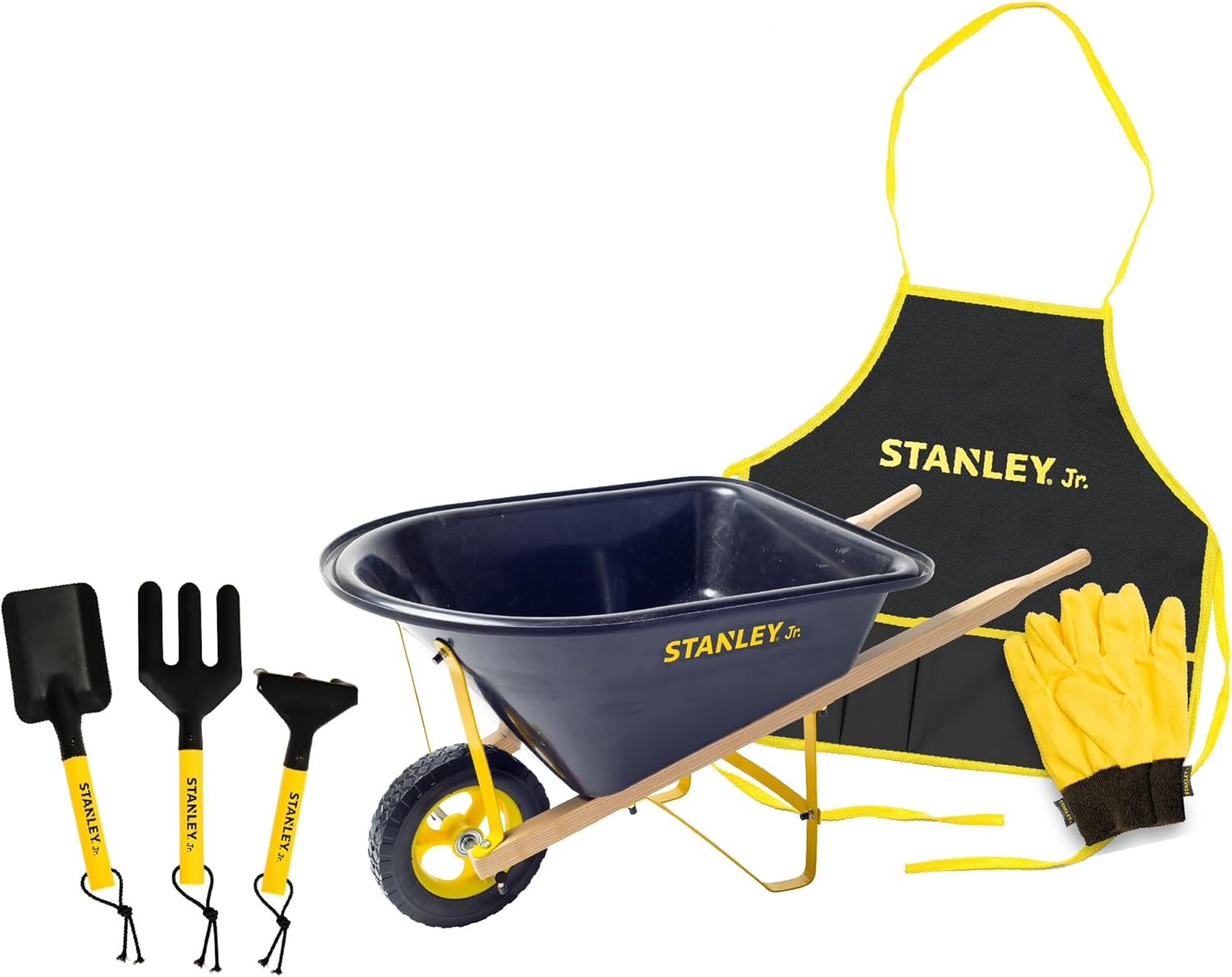 Stanley Jr. Kids Wheelbarrow Set  6-Piece Durable Toddler Wheelbarrow & Garden Tools  Child Outdoor Toy for Ages 3+  Fun, Educational Backyard Play with Apron, Gloves & Tools