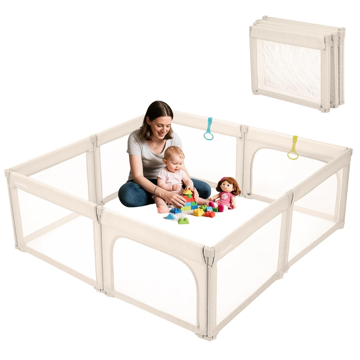 Doradotey Foldable 71"x79" Baby Playpen  8-Panel Breathable Mesh Play Yard with Shape-Flex Design, Easy No-Tools Setup & Portable Storage for Indoor/Outdoor Safety, Khaki