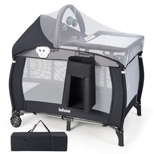 INFANS 4 in 1 Pack and Play, Portable Travel Baby Playard with Bassinet, Changing Table, Canopy, Mosquito Net, Hanging Toys, Music Box, Storage Bag, Large Playpen from Newborn to Toddlers (Black)