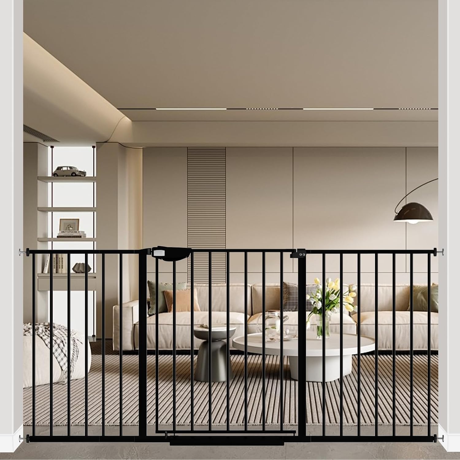 WAOWAO Triple Lock 49.21-66.54\" Baby Gate Extra Wide Pressure Mounted Walk Through Swing Auto Close Safety Black Metal Dog Pet Puppy for Stairs,Doorways,Kitchen