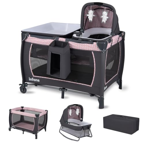 INFANS 4 in 1 Pack and Play, Portable Nursery Center for Baby Kid Infant, Travel Playard with Bassinet, Mattress, Diaper Changer, Bag, Toys, Music Box, Storage Basket (Pink)