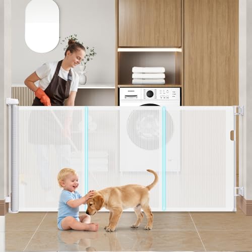 71'' Retractable Baby Gates Extra Wide for Stairs, 42" Tall White Mesh Dog Child Pet Safety Indoor Outdoor Retractable Gate for Doorways, House, Hallway, Deck with Reinforcement Strips
