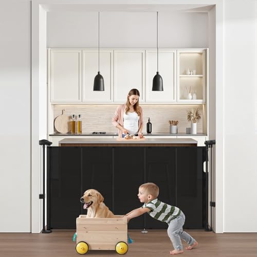 VEVOR Retractable Baby Gate, 34 inch Tall, Extends up to 55 inch Wide, Retractable Gate for Kids or Pets, Mesh Material, Easy to Install for Indoor Stairs, Doorways, Hallways, Playrooms, Black