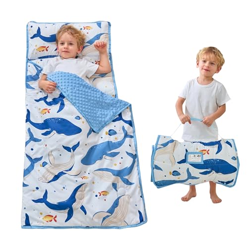 Toddler Nap Mat with Pillow and Blanket, Extra Large Rolled Napping Mats,Slumber Bags for Boys Girls,Kids Sleeping Bag for Daycare, Preschool Travel Camping