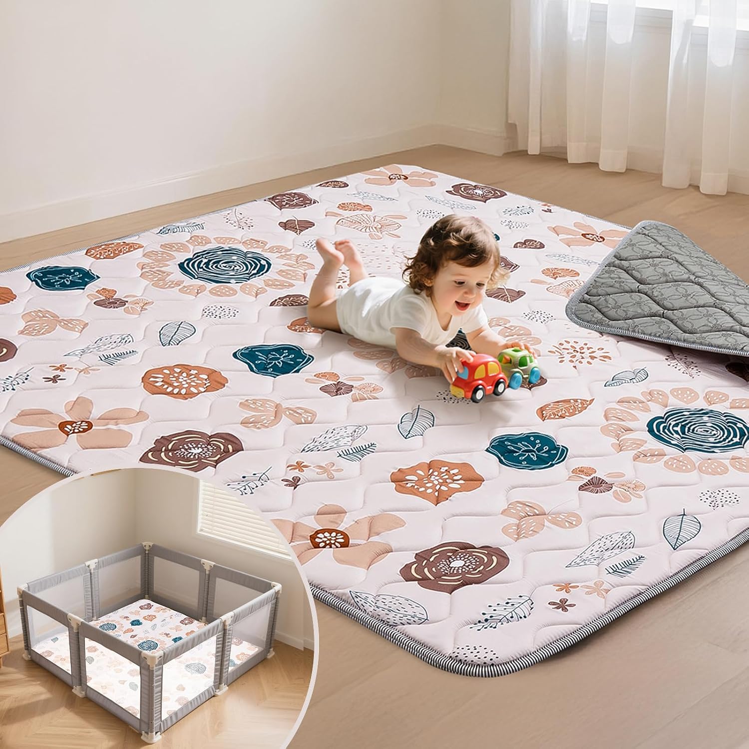 Baby Play Mat for Floor,71x59 Inch Soft Foam Padding Crawling Mat, Foldable and Machine Washable, Thick for Babies & Toddlers,Boho Flower