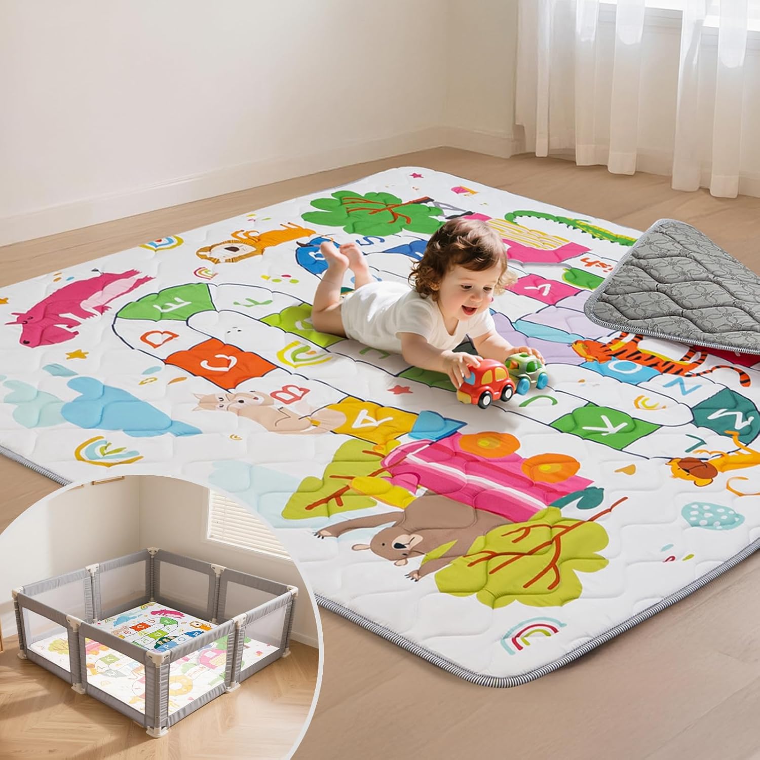 Baby Play Mat for Floor,71x59 Inch Soft Foam Padding Crawling Mat, Foldable and Machine Washable, Thick for Babies & Toddlers,Animal School