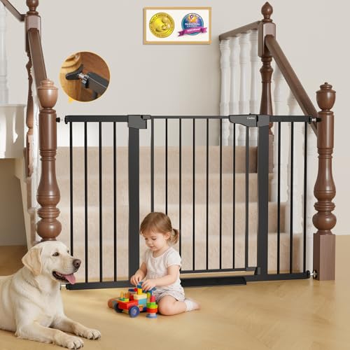 Cumbor 29.7"51.5" Extra Wide Baby Gate for Stairs, Pressure-Mounted Dog Gates for Doorways & Hallways, Auto-Close Walk-Through, No-Trip Design, Child Proof Safety, Dog/Pet Gate for Indoor Use, Black