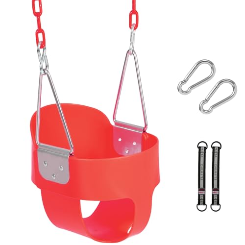 Heavy-Duty Toddler Swing with Coated Safety Chains-High Back Bucket Seat Includes Tree Straps,Hooks for Backyard, Playground,Outdoor Use (Red)