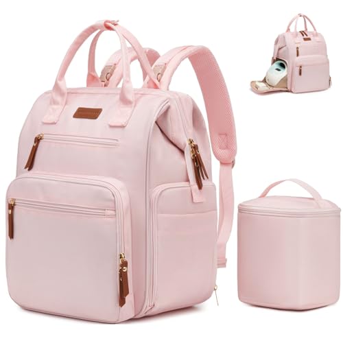 Breast Pump Bag for Spectra & Work with 14 inch Laptop Sleeve - Convertible Large Diaper Bag Backpack with Cooler Storage for Travel, Pink