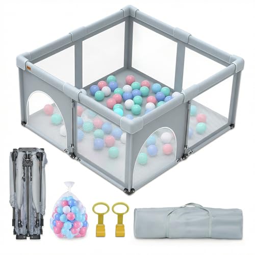 Foldable Baby Playpen,50x50 Inches Portable Playpen,Collapsible Play Pen for Babies and Toddlers,Indoor & Outdoor Baby Fence Play Area,Cold Gray