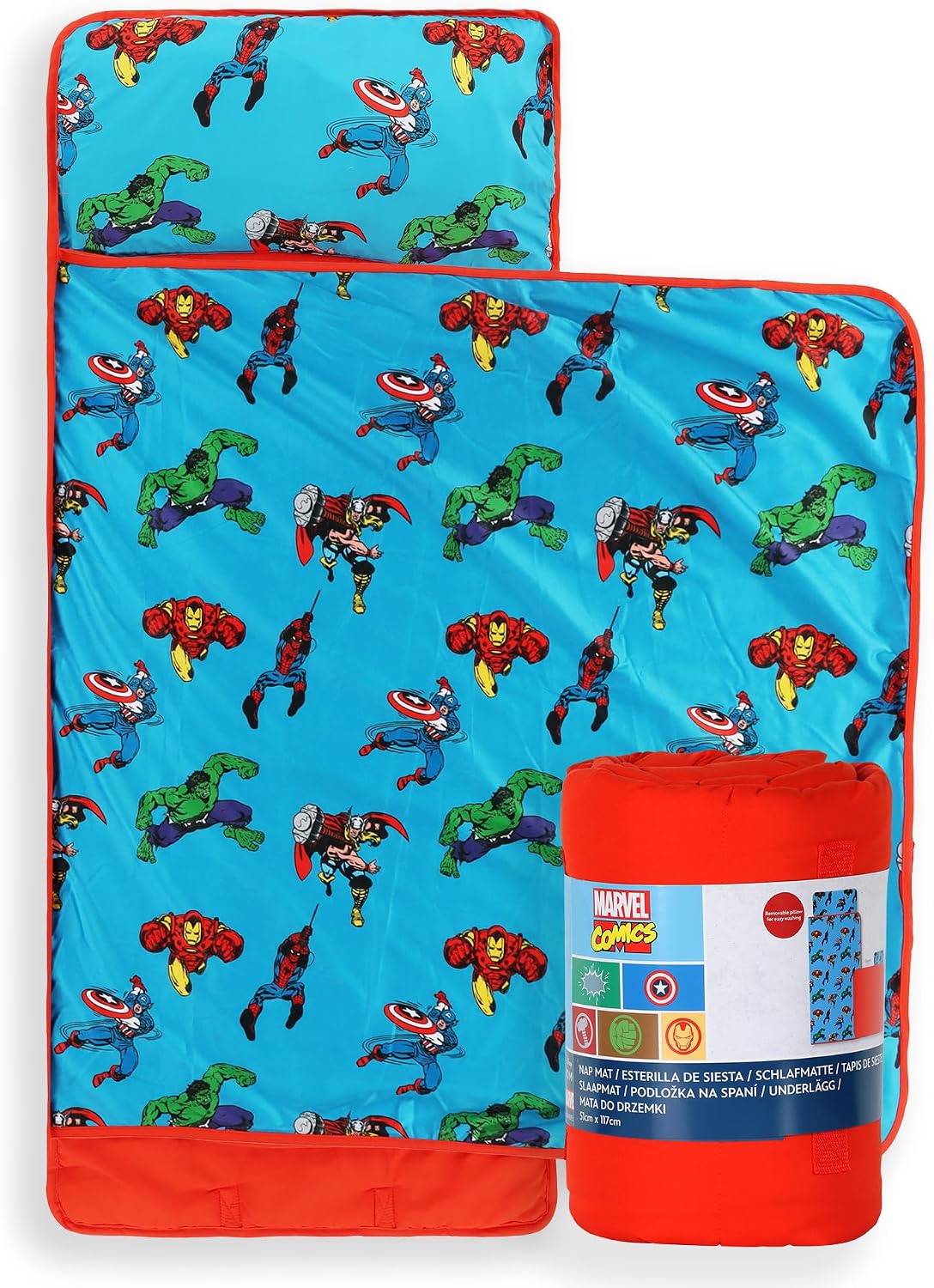 Jay Franco Kids Nap Mat with Embedded Pillow & Blanket  Soft 46"x20" Microfiber Sleeping Bag with Name Tag & Handle for School, Travel, Sleepover, Blue - Marvel Comics