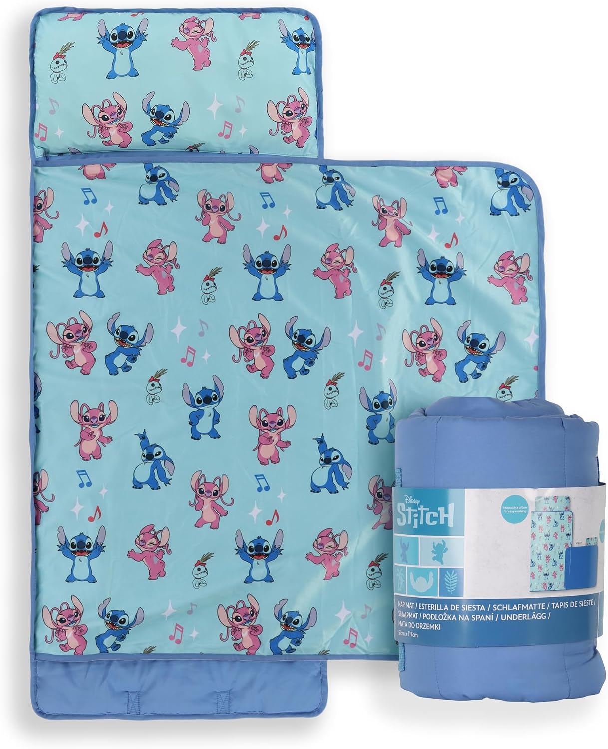 Jay Franco Kids Nap Mat with Embedded Pillow & Blanket  Soft 46"x20" Microfiber Sleeping Bag with Name Tag & Handle for School, Travel, Sleepover, Blue - Lilo & Stitch