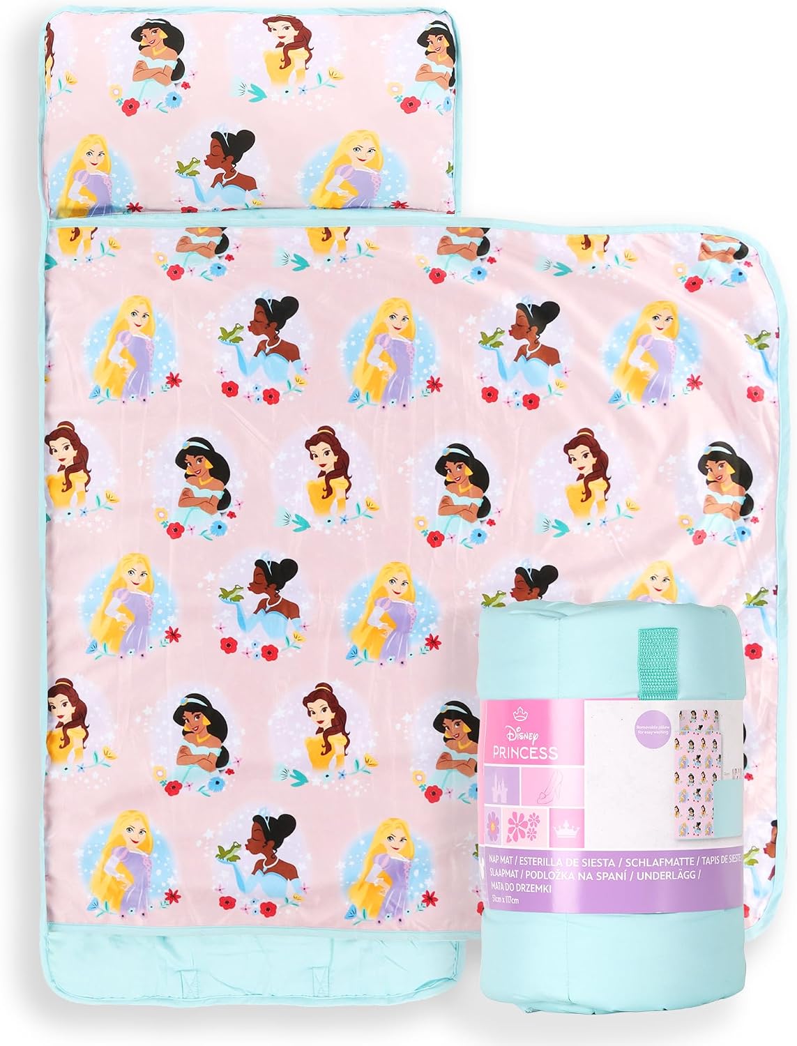 Jay Franco Kids Nap Mat with Embedded Pillow & Blanket  Soft 46"x20" Microfiber Sleeping Bag with Name Tag & Handle for School, Travel, Sleepover, Pink - Disney Princess