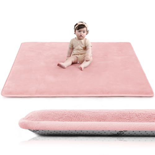 Baby Play Mat for Floor,1.3" Thick Elasti-Foam 50"50" Playpen Mat for Tummy Time,Water Repellent Soft Coral Velvet for Toddler,Infant,Kids,Non-Slip Backing Safe for Crawling(Pink)